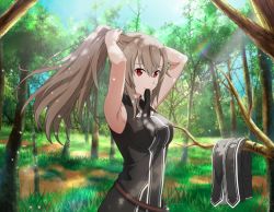Rule 34 | 1girl, armpits, arms up, bare arms, black jacket, breasts, brown hair, closed mouth, eydis (sao), floating hair, forest, game cg, hair between eyes, jacket, lens flare, long hair, medium breasts, mouth hold, nature, outdoors, ponytail, rainbow, red eyes, sleeveless, sleeveless jacket, smile, solo, standing, sword art online, tying hair, very long hair