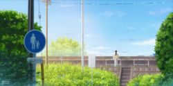 Rule 34 | 1girl, artist name, blue sky, blurry, building, bush, cloud, commentary, depth of field, english commentary, flower, highres, instagram username, isbeyvan, japanese clothes, kimono, original, pedestrian crossing sign, ponytail, power lines, road sign, scenery, sign, sky, solo, stairs, utility pole, watermark, white kimono, wide shot