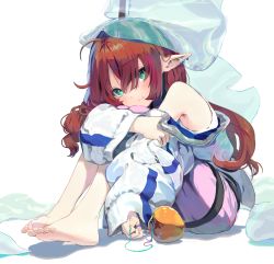 Rule 34 | 1girl, apple, arknights, bare shoulders, barefoot, brown hair, closed mouth, commentary request, ear piercing, food, fruit, golden apple, green eyes, hair between eyes, jacket, knees up, long hair, long sleeves, myrtle (arknights), off shoulder, pi (p77777778), piercing, pointy ears, see-through, sitting, sleeves past wrists, smile, soles, solo, string around finger, very long hair, white background, white jacket, wide sleeves