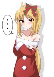 Rule 34 | ..., 1girl, absurdres, ahoge, bare shoulders, blonde hair, blush, bocchi the rock!, bow, bowtie, christmas, closed mouth, commentary, crossed arms, dress, frown, fur-trimmed dress, fur trim, hair bow, highres, ijichi nijika, long hair, long sleeves, looking at viewer, motti (motthi0711), off-shoulder dress, off shoulder, red bow, red bowtie, red eyes, shadow, side ponytail, sidelocks, simple background, solo, spoken ellipsis, standing, sweatdrop, white background