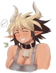 Rule 34 | 10s, 1girl, animal ears, bell, blush, breasts, cathyl, chadolbaegi, cleavage, closed eyes, collar, colorized, cow ears, cow girl, cow horns, cowbell, dark-skinned female, dark skin, english text, female focus, grin, highres, horns, huge breasts, large breasts, minotaur, monster girl, monster musume no iru nichijou, mouth hold, multicolored hair, neck bell, overalls, portrait, simple background, sketch, smile, solo, straw (stalk)