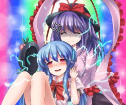 Rule 34 | 2girls, anger vein, bad id, bad pixiv id, blue hair, blush, grabbing another&#039;s breast, breasts squeezed together, breasts, capelet, commentary request, electricity, false smile, female pervert, food, frills, fruit, grabbing, hat, heart, highres, hinanawi tenshi, light particles, long hair, long sleeves, maru daizu (aqua6233), medium breasts, multicolored background, multiple girls, nagae iku, peach, pervert, puffy short sleeves, puffy sleeves, purple hair, red eyes, shaded face, shawl, short hair, short sleeves, sitting, sitting on lap, sitting on person, smile, smirk, tears, touhou