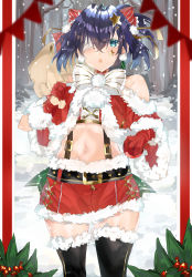Rule 34 | 1girl, :o, absurdres, ahoge, alternate costume, bare shoulders, black thighhighs, blue eyes, blue hair, bow, capelet, christmas, chuunibyou demo koi ga shitai!, commentary, eyepatch, fur trim, gloves, hair between eyes, hair bow, hair ornament, hair ribbon, highres, holding, kanniiepan, large bow, looking at viewer, navel, one side up, open mouth, red bow, red capelet, red gloves, red skirt, ribbon, santa costume, short hair, skirt, snow, solo, star (symbol), star hair ornament, takanashi rikka, thighhighs, white bow