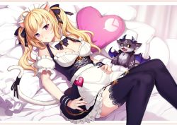 Rule 34 | 1girl, ahoge, animal ears, apron, arm cuffs, bad id, bad twitter id, bed, black bow, black bowtie, black dress, black thighhighs, blonde hair, blush, bow, bowtie, breasts, cat ears, cat tail, character doll, cleavage, closed mouth, commentary, debidebi debiru, detached collar, dress, fake animal ears, fake tail, hair ribbon, heart, heart-shaped pillow, lace, lace-trimmed legwear, lace trim, logo, long hair, looking at viewer, lying, maid, maid apron, maid headdress, medium breasts, nijisanji, ogamikeito, on back, pillow, purple eyes, ribbon, short dress, solo, tail, tail ornament, tail ribbon, takamiya rion, takamiya rion (3rd costume), thighhighs, thighs, twintails, virtual youtuber, wrist cuffs, zettai ryouiki