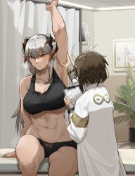 Rule 34 | 2girls, a boaba, arknights, arm up, armpits, bare arms, bare shoulders, black panties, black sports bra, blush, breasts, brown eyes, brown hair, chinese commentary, clipboard, closed mouth, collarbone, commentary request, curtains, dragon horns, hand on another&#039;s arm, highres, holding, holding clipboard, horns, indoors, lab coat, large breasts, long hair, looking at another, looking away, multiple girls, navel, panties, plant, potted plant, rhine lab logo, saria (arknights), short hair, silence (arknights), silver hair, sitting, sports bra, steam, stomach, sweat, underwear