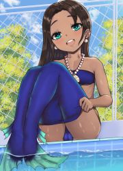 Rule 34 | 1girl, aqua eyes, ass, bandeau, bikini, blue bikini, blue legwear, blush, borrowed character, brown hair, bubble, cameltoe, chain-link fence, cleft of venus, commission, dark-skinned female, dark skin, day, earrings, fence, highres, jewelry, legs up, lens flare, long hair, looking at viewer, maryn, mermaid costume, necklace, open mouth, original, outdoors, parted bangs, pearl earrings, pearl necklace, pixiv commission, pool, poolside, sky, smile, solo, swimsuit, undressing, water