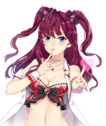Rule 34 | 10s, 1girl, :3, blue eyes, breasts, brown hair, bustier, cleavage, earrings, finger to mouth, heart, heart-shaped pupils, heart necklace, highres, ichinose shiki, idolmaster, idolmaster cinderella girls, idolmaster cinderella girls starlight stage, index finger raised, jewelry, long hair, looking at viewer, medium breasts, midriff, navel, necklace, nuts (aya-yo), open mouth, pearl necklace, solo, symbol-shaped pupils, two side up, upper body, white background