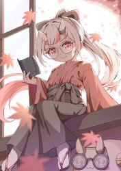 Rule 34 | &gt;:), 1girl, absurdres, autumn leaves, black bow, black footwear, black hakama, black skirt, blush, book, bow, center-flap bangs, closed mouth, commentary request, fang, fang out, geta, glasses, gradient hair, grey hair, hair bow, hakama, hakama skirt, high ponytail, highres, holding, holding book, hololive, horns, japanese clothes, kimono, kyouwashi, leaf, long hair, long sleeves, looking at viewer, maple leaf, multicolored hair, nakiri ayame, poyoyo (nakiri ayame), red eyes, red hair, red kimono, round eyewear, sandals, sitting, skin-covered horns, skirt, smile, solo, streaked hair, teardrop-framed glasses, v-shaped eyebrows, very long hair, virtual youtuber, wide sleeves, window shadow, zouri