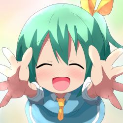 Rule 34 | 1girl, :d, blush, closed eyes, daiyousei, female focus, green hair, hair ribbon, highres, incoming hug, kuromu (underporno), open mouth, pov, ribbon, short hair, side ponytail, smile, solo, touhou