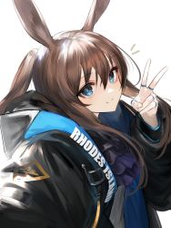Rule 34 | 1girl, amiya (arknights), animal ears, arknights, ascot, black jacket, blue ascot, blue eyes, brown hair, clothes writing, hair between eyes, hand up, highres, jacket, jazztaki, jewelry, long sleeves, looking at viewer, multiple rings, notice lines, open clothes, open jacket, ponytail, rabbit ears, rabbit girl, ring, shirt, sidelocks, simple background, smile, solo, split mouth, thumb ring, upper body, v, white background, white shirt