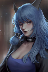 Rule 34 | 1girl, animal ears, artist name, blue hair, blurry, blurry background, breasts, choker, chuby mi, cleavage, closed mouth, copyright request, grey eyes, hair tubes, highres, jacket, large breasts, lips, long hair, looking at viewer, open clothes, open jacket, portrait, smile, solo, upper body