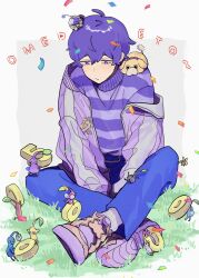 Rule 34 | 2boys, animal, animal on shoulder, blue pants, blue pikmin, confetti, crossover, dual persona, highres, ice pikmin, indian style, jack-o&#039; ran-tan, jacket, letterman jacket, long sleeves, looking down, male focus, mini person, miniboy, multiple boys, napoli no otokotachi, nintendo, oatchi (pikmin), off shoulder, on head, open clothes, open jacket, pants, person on head, pikmin (creature), pikmin (series), pikmin 4, purple eyes, purple hair, purple jacket, purple pikmin, purple sweater, red pikmin, rescue officer (pikmin), rock pikmin, shoes, short hair, sitting, size difference, sneakers, socks, striped clothes, striped sweater, sweater, v arms, wa wa nori, white socks, winged pikmin, yellow pikmin