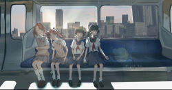 4girls black_hair black_shoes blue_sailor_collar blue_skirt bow brown_eyes brown_hair brown_shoes brown_sweater_vest building city collared_shirt commentary flower flower_wreath grey_skirt hair_bow hair_flower hair_ornament head_wreath judgement_armband_(toaru) leaning_on_person loafers long_hair loose_socks medium_hair miniskirt misaka_mikoto multiple_girls muzf8324 neckerchief pleated_skirt red_bow red_neckerchief sailor_collar sakugawa_school_uniform saten_ruiko school_emblem school_uniform serafuku shirai_kuroko shirt shoes short_hair short_sleeves skirt sleeping socks summer_uniform sunset sweater_vest toaru_kagaku_no_railgun toaru_majutsu_no_index tokiwadai_school_uniform train_interior twintails uiharu_kazari v-neck white_shirt white_socks