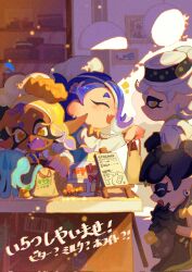 Rule 34 | + +, 4girls, :d, ^ ^, arm up, asymmetrical hair, bag, black gloves, black hair, blonde hair, blue hair, blue vest, blurry, blurry background, blush, bow, bowtie, cake, callie (splatoon), chef hat, closed eyes, closed mouth, colored skin, colored tongue, commentary request, corrupted twitter file, counter, dark-skinned female, dark skin, earrings, expressionless, eyelashes, fangs, food, food on face, forehead, frye (splatoon), gloves, gradient hair, grey hair, hair ornament, hair over one eye, hands up, hanging light, hat, highres, holding, holding bag, hood, hood down, hoodie, inkling, jellyfish (splatoon), jewelry, light particles, long sleeves, looking at another, marie (splatoon), medium hair, menu, multicolored hair, multicolored skin, multiple earrings, multiple girls, nintendo, notice lines, octoling, one eye covered, open mouth, parted bangs, picture frame, plate, pointy ears, pudding, purple bow, purple bowtie, purple hair, purple skin, purple tongue, red bow, shelf, shirt, shiver (splatoon), short eyebrows, sideways glance, smile, splatoon (series), splatoon 3, star-shaped pupils, star (symbol), sticker, sweatdrop, symbol-shaped pupils, take yanzhu, tentacle hair, translation request, tray, vest, white headwear, white hoodie, white shirt, yellow bow, yellow bowtie, yellow eyes