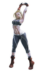 Rule 34 | 1girl, 21yc (september breeze), absurdres, black pants, black sports bra, blonde hair, blue eyes, breasts, cammy white, fingerless gloves, gloves, highres, large breasts, midriff, navel, pants, parted lips, red footwear, scar, scar on face, simple background, solo, sports bra, stomach, street fighter, stretching, tachi-e, white background, yoga pants