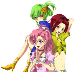 Rule 34 | 00s, 3girls, :d, alternate hairstyle, arms up, blue eyes, c.c., code geass, dress, euphemia li britannia, green eyes, green hair, kouzuki kallen, looking at viewer, midriff, multiple girls, navel, one side up, open mouth, own hands together, pink dress, pink hair, puffy short sleeves, puffy sleeves, red hair, short sleeves, sitting, smile, stomach