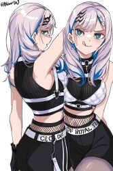 Rule 34 | 1girl, bidortw, black gloves, black shorts, blue hair, braid, breasts, commentary request, crop top, earrings, fishnets, gloves, green eyes, grey hair, highres, hololive, hololive indonesia, jewelry, long hair, medium breasts, midriff, multicolored hair, o-ring, official alternate costume, pantyhose, pantyhose under shorts, pavolia reine, pavolia reine (streetwear), short shorts, shorts, streaked hair, tongue, tongue out, triangle earrings, twitter username, two-tone hair, virtual youtuber
