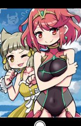 Rule 34 | 2girls, animal ears, black one-piece swimsuit, blunt bangs, breasts, cat ears, chest jewel, competition swimsuit, dress swimsuit, highres, large breasts, ma2acworks, multiple girls, nia (fancy sundress) (xenoblade), nia (xenoblade), one-piece swimsuit, pyra (pro swimmer) (xenoblade), pyra (xenoblade), red eyes, red hair, red one-piece swimsuit, short hair, silver hair, swept bangs, swimsuit, two-tone swimsuit, xenoblade chronicles (series), xenoblade chronicles 2, yellow eyes, yellow one-piece swimsuit