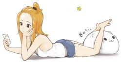 Rule 34 | 1girl, arm support, bare shoulders, blonde hair, breasts, brown eyes, cellphone, commentary request, denim, denim shorts, feet, feet up, frown, highres, holding, holding phone, long hair, looking at phone, lying, on stomach, original, phone, potato iida, short shorts, shorts, sideboob, simple background, small breasts, smartphone, solo, tank top, thighs, white background, white tank top