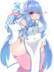 Rule 34 | 1girl, bare shoulders, blue hair, blush, breasts, china dress, chinese clothes, dress, hair ribbon, konbu latte, kotonoha aoi, large breasts, long hair, looking at viewer, one eye closed, open mouth, pink eyes, plump, ribbon, smile, solo, thick thighs, thighhighs, thighs, voiceroid, wide hips
