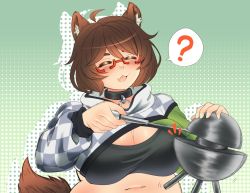Rule 34 | 1girl, abstract background, absurdres, animal ear fluff, animal ears, breasts, brown hair, cleavage, collar, demon core, dog ears, dog girl, glasses, green nails, highres, holding, holding screwdriver, indie virtual youtuber, kaibuzetta, large breasts, long sleeves, midriff, mint castella, nail polish, navel, nuclear weapon, nuclear weapon, open mouth, plump, plutonium, red-framed eyewear, screwdriver, smile, solo, tail, virtual youtuber, weapon of mass destruction
