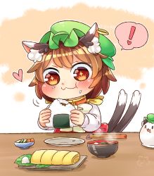 Rule 34 | !, + +, 1girl, :3, animal ears, blush, bowl, brown hair, cat ears, cat tail, chen, chopsticks, closed mouth, drooling, earrings, eating, food, food on face, green hat, hat, heart, ibaraki natou, jewelry, long sleeves, mob cap, multiple tails, nekomata, omelet, onigiri, rice, rice on face, short hair, single earring, solo, soup, spoken exclamation mark, spoken heart, tail, tamagoyaki, touhou, two tails