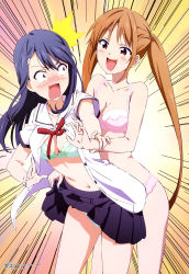 Rule 34 | 2girls, :d, absurdres, aho girl, black hair, black skirt, blush, bra, breasts, brown eyes, brown hair, cleavage, clothes lift, collarbone, cowboy shot, embarrassed, fuuki iinchou (aho girl), green bra, hair ornament, hanabatake yoshiko, highres, katou hiromasa, long hair, medium breasts, midriff, miniskirt, multiple girls, navel, official art, official style, open clothes, open mouth, open shirt, panties, pink bra, pink panties, red eyes, shirt, short sleeves, skirt, skirt lift, smile, standing, stomach, twintails, underwear, underwear only, very long hair, white shirt