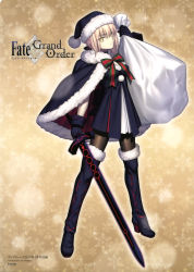Rule 34 | 1girl, absurdres, artoria pendragon (all), artoria pendragon (fate), black gloves, black hair, black hat, black santa costume, blonde hair, blue dress, blue footwear, boots, bow, bowtie, cape, copyright name, dress, excalibur morgan (fate), fate/grand order, fate (series), full body, gift bag, gloves, hat, highres, holding, holding sword, holding weapon, looking at viewer, pantyhose, saber (fate), saber alter, santa alter, santa boots, santa costume, santa hat, short hair, solo, standing, striped, striped bow, sword, takeuchi takashi, thigh boots, thighhighs, weapon, yellow eyes