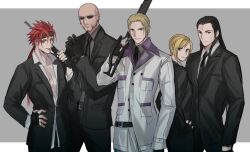 Rule 34 | 1girl, 4boys, adjusting clothes, adjusting gloves, bald, baton (weapon), bindi, black gloves, black hair, black jacket, black necktie, black suit, blonde hair, border, collared shirt, cowboy shot, elena (ff7), facial hair, final fantasy, final fantasy vii, final fantasy vii remake, fingerless gloves, formal, gloves, goatee, goggles, goggles on head, grey background, grey shirt, gun, hair slicked back, hand on own hip, holding, holding gun, holding weapon, jacket, jjn ff7, long hair, looking at viewer, multiple boys, necktie, over shoulder, parted bangs, red hair, reno (ff7), rude (ff7), rufus shinra, shirt, short hair, square enix, standing, suit, suit jacket, sunglasses, tongue, tongue out, tseng, turks (ff7), weapon, weapon over shoulder, white jacket, white shirt