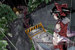 Rule 34 | 1girl, arms at sides, bare shoulders, black eyes, black hair, bow, closed mouth, commentary request, detached sleeves, fisheye, floating hair, gohei, hair bow, hair tubes, hakurei reimu, highres, holding, inuyama konan, japanese clothes, looking at another, medium hair, miko, monster, night, nontraditional miko, outdoors, puddle, rain, red bow, ribbon-trimmed sleeves, ribbon trim, ripples, serious, shirt, sidelocks, skirt, skirt set, solo focus, touhou, wall, water, wide sleeves, wind