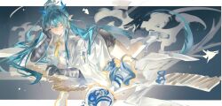 Rule 34 | 1girl, aqua hair, arknights, bandaged arm, bandages, black shorts, boots, closed eyes, closed mouth, commentary, dragon girl, dragon horns, dragon tail, full body, hand on own ear, head rest, highres, horns, jacket, lin qing (phosphorus 1104), ling (arknights), long hair, lying, magic, open clothes, open jacket, pointy ears, shorts, sketch, solo, tail, tokkuri, white footwear, white jacket
