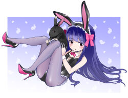 Rule 34 | 1girl, animal, animal ears, animal print, black leotard, blue background, blue hair, blunt bangs, blush, border, bow, bowtie, commentary request, detached collar, dot nose, fake animal ears, frilled leotard, frills, full body, hair bow, hairband, high heels, highres, holding, holding animal, idolmaster, idolmaster cinderella girls, idolmaster cinderella girls u149, jitome, knees up, leotard, lolita hairband, long hair, looking at viewer, ookamiuo, open mouth, pantyhose, pink bow, pink bowtie, rabbit, rabbit ears, rabbit print, red eyes, sajo yukimi, sitting, solo, white border, wrist cuffs