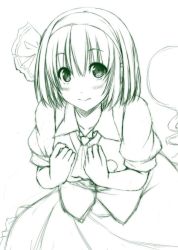 Rule 34 | 1girl, blush, breasts, buttons, closed mouth, collarbone, collared shirt, eyebrows, floating, ghost, green theme, hair ribbon, hairband, hitodama, konpaku youmu, konpaku youmu (ghost), medium breasts, monochrome, nori tamago, ribbon, shirt, short hair, short sleeves, sketch, skirt, smile, solo, touhou, vest, wing collar