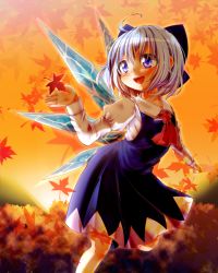 Rule 34 | 1girl, :d, ahoge, ascot, autumn, autumn leaves, blue eyes, blue hair, blush, bow, cirno, collared shirt, dress, hair bow, ice, ice wings, juliet sleeves, leaf, long sleeves, maple leaf, matching hair/eyes, namino., open mouth, puffy sleeves, shirt, short hair, smile, solo, tareme, touhou, wings