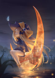 Rule 34 | 1girl, abigail williams (fate), absurdres, ankle ribbon, anklet, barefoot, black bow, black dress, blonde hair, bow, castle, closed eyes, dress, fate/grand order, fate (series), floating hair, graveyard, hair bow, highres, jewelry, leg ribbon, long hair, long sleeves, multiple hair bows, night, on crescent, orange bow, outdoors, parted lips, pekakiu, ribbon, short dress, sitting, sky, solo, star (sky), starry sky, very long hair