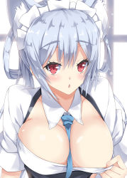 Rule 34 | 1girl, :&lt;, alternate costume, animal ears, between breasts, black vest, blue hair, blue necktie, blush, breasts, cat ears, cleavage, commentary request, enmaided, hair between eyes, large breasts, long hair, looking at viewer, low twintails, maid, maid headdress, matoi (pso2), milkpanda, necktie, necktie between breasts, phantasy star, phantasy star online 2, red eyes, shirt, short sleeves, sidelocks, solo, triangle mouth, twintails, very long hair, vest, white shirt