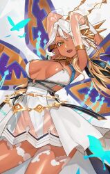 Rule 34 | 1girl, andromeda (fate), andromeda (first ascension) (fate), breasts, brown hair, bug, butterfly, chain, choker, cleavage, covered erect nipples, covered navel, dark-skinned female, dark skin, detached sleeves, fate/grand order, fate (series), gold choker, green eyes, hair between eyes, hair ornament, highres, insect, jewelry, large breasts, long hair, multicolored hair, parted lips, see-through, see-through skirt, see-through sleeves, skirt, solo, tebasakiiiiing, two-tone hair, white hair