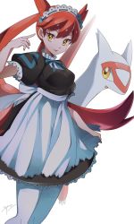 Rule 34 | 1girl, absurdres, apron, breasts, claws, commentary request, creature and personification, creatures (company), dress, eyelashes, floating hair, game freak, gen 3 pokemon, hand up, headdress, highres, latias, legendary pokemon, long hair, miyama (yakinikusushi the royal), neck ribbon, nintendo, open mouth, pantyhose, personification, pokemon, pokemon adventures, ribbon, short sleeves, signature, smile, tongue, twintails, waist apron, white apron, white background, white pantyhose, yellow eyes