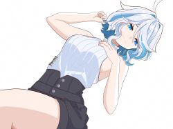 Rule 34 | 1girl, :3, ahoge, bare arms, bare shoulders, black shorts, blue eyes, blue hair, breasts, commentary request, furina (genshin impact), genshin impact, hair intakes, hand on own chest, highres, pluv hill, short hair, shorts, simple background, small breasts, solo, thighs, white background