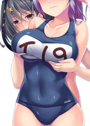 Rule 34 | 2girls, absurdres, bare arms, bare legs, bare shoulders, black one-piece swimsuit, blue hair, grabbing another&#039;s breast, breasts, brown eyes, closed mouth, collarbone, cowboy shot, fingernails, grabbing, grey hair, hair between eyes, hair ornament, highres, i-19 (kancolle), kantai collection, large breasts, long hair, multiple girls, name tag, one-piece swimsuit, ruin re birth, scamp (kancolle), school uniform, star (symbol), star hair ornament, swimsuit, tri tails