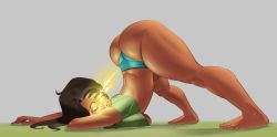Rule 34 | 1girl, absurdres, ass, bare legs, blouse, breasts, brown eyes, brown hair, clothing request, commentary, commission, crop top, curvy, dark-skinned female, dark skin, electricity, english commentary, flexible, full body, grass, green shirt, grey background, highres, huge ass, jack-o&#039; challenge, jitome, laura matsuda, long hair, looking at viewer, medium breasts, one eye covered, shiny skin, shirt, short sleeves, simple background, solo, street fighter, top-down bottom-up, whiteflagman