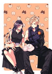 Rule 34 | 1boy, 1girl, animal, apron, babigonice, baggy pants, bare shoulders, black apron, black gloves, black hair, black shorts, black vest, blonde hair, blue eyes, blush, border, breasts, cat, closed eyes, cloud strife, commentary, crop top, detached sleeves, final fantasy, final fantasy vii, final fantasy vii advent children, flying sweatdrops, gloves, highres, invisible chair, large breasts, long hair, looking at another, midriff, on lap, outside border, pants, popped collar, ribbed shirt, shirt, shorts, single detached sleeve, single shoulder pad, sitting, sleeping, sleeveless, sleeveless shirt, smile, spiked hair, square enix, sweatdrop, symbol-only commentary, tank top, tifa lockhart, vest, waist apron, white border, white tank top, zzz