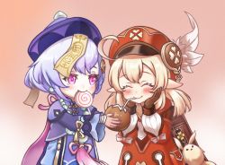 Rule 34 | 2girls, ^ ^, ahoge, bag, beads, blonde hair, blush, braid, cabbie hat, closed eyes, coconut, dress, drinking straw, fruit cup, genshin impact, gloves, hair ornament, hat, hat feather, hisou no hikari, jewelry, jiangshi, klee (genshin impact), long hair, long sleeves, low twintails, multiple girls, necklace, ofuda, pointy ears, purple eyes, purple hair, purple headwear, qingdai guanmao, qiqi (genshin impact), red dress, red eyes, red headwear, sharing, smile, twintails, wide sleeves
