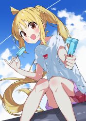 Rule 34 | 1girl, :d, ahoge, blonde hair, blue sky, blush, bocchi the rock!, braid, brown eyes, cloud, cloudy sky, commentary, contrail, day, double popsicle, feet out of frame, food, highres, holding, holding food, ijichi nijika, knees together feet apart, long hair, looking at viewer, open mouth, outdoors, popsicle, purple skirt, shirt, short sleeves, side ponytail, sitting, skirt, sky, smile, solo, suta0822, very long hair, white shirt