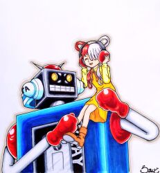 Rule 34 | 1boy, 1girl, age difference, aged down, artist request, carrying, child, crossover, dougi, dress, expressionless, full body, happy, headphones, heart, humanoid robot, kinnikuman, long hair, looking at another, monster boy, multicolored hair, music, official alternate costume, one piece, robot, simple background, size difference, smile, stecase king, two-tone hair, uta (one piece), very long hair, white background, yellow dress