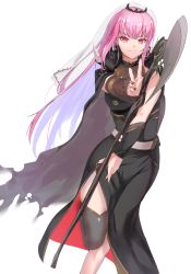 Rule 34 | 1girl, absurdres, asymmetrical legwear, black cape, black dress, black nails, blunt bangs, cape, closed mouth, diadem, dress, floating hair, grey thighhighs, highres, holding, holding scythe, hololive, hololive english, long dress, long hair, looking at viewer, mori calliope, nail polish, pink hair, red eyes, scythe, side slit, simple background, single thighhigh, smile, solo, standing, standing on one leg, straight hair, thighhighs, veil, very long hair, virtual youtuber, white background, yahan (mctr5253)