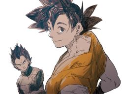 Rule 34 | 10s, 2boys, armor, black eyes, black hair, crossed arms, dougi, dragon ball, dragon ball super, dragonball z, fukuko fuku, gloves, hand on own hip, looking at viewer, looking away, male focus, multiple boys, serious, short hair, simple background, smile, son goku, spiked hair, vegeta, white background