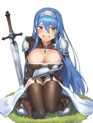 Rule 34 | 1girl, absurdres, arm under breasts, armor, black panties, blue hair, blush, boots, breast hold, breasts, brown eyes, brown footwear, brown thighhighs, cleavage, clenched teeth, commentary, covering privates, covering breasts, cross-laced footwear, embarrassed, full body, garter straps, gem, goback, grass, hair between eyes, hairband, highres, jewelry, knee boots, knight, large breasts, long hair, looking at viewer, original, panties, pauldrons, pendant, planted, planted sword, planted weapon, shiny skin, shoulder armor, showgirl skirt, simple background, skindentation, solo, sword, symbol-only commentary, teeth, thigh gap, thighhighs, underwear, very long hair, weapon, white background, yellow eyes