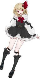 Rule 34 | 1girl, absurdres, adapted costume, bad id, bad twitter id, belt, belt buckle, black dress, black footwear, black nails, black socks, blonde hair, blush, buckle, commentary request, daimaou ruaeru, dress, frilled dress, frilled ribbon, frilled sleeves, frills, full body, hair ribbon, head tilt, highres, kneehighs, long sleeves, looking at viewer, nail polish, neck ribbon, open mouth, puffy long sleeves, puffy sleeves, red eyes, red ribbon, ribbon, rumia, shirt, simple background, sketch, sleeves past wrists, smile, socks, solo, standing, touhou, white background, white shirt
