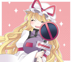 Rule 34 | 1girl, :d, ^ ^, arrow (symbol), blonde hair, breasts, closed eyes, female focus, hammer (sunset beach), hat, large breasts, long hair, no symbol, open mouth, pink background, sign, smile, solo, sparkle, tabard, touhou, yakumo yukari